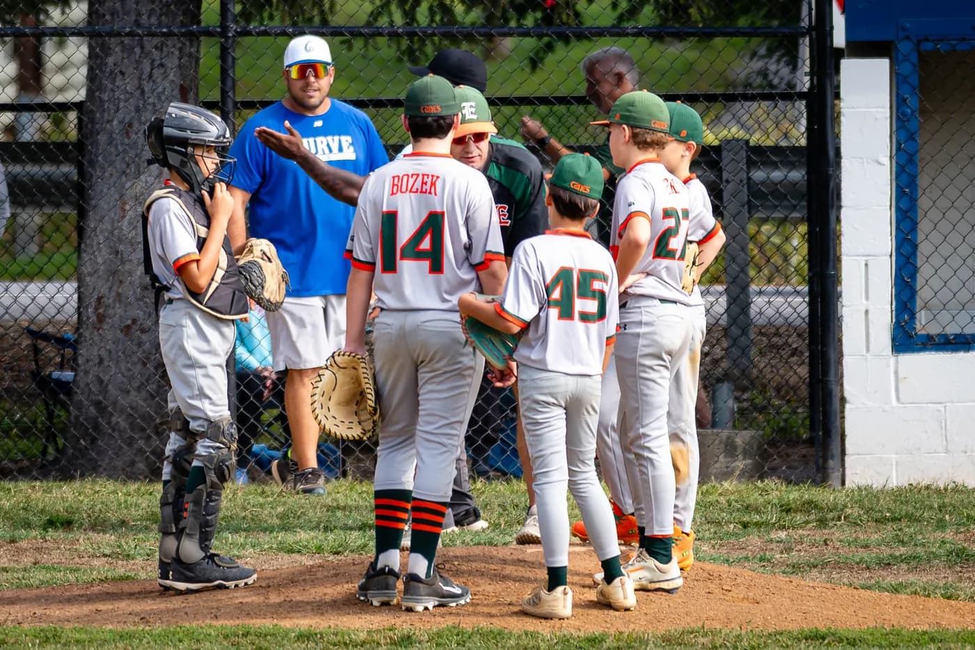 Hurricanes players huddle up with a coach between innings