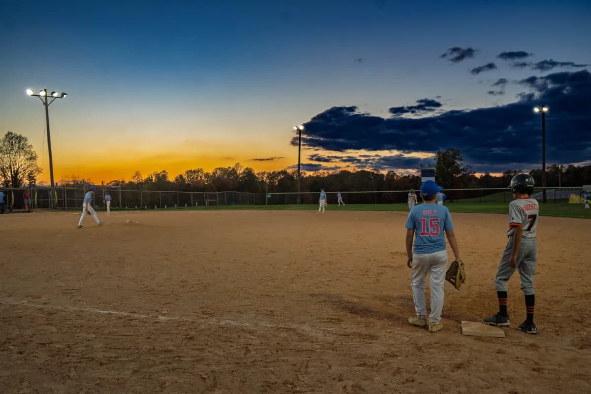 The infield at sunset after a game